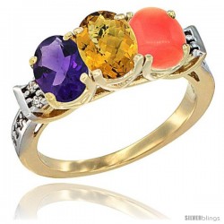 10K Yellow Gold Natural Amethyst, Whisky Quartz & Coral Ring 3-Stone Oval 7x5 mm Diamond Accent