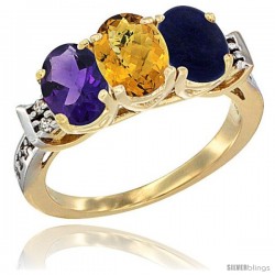 10K Yellow Gold Natural Amethyst, Whisky Quartz & Lapis Ring 3-Stone Oval 7x5 mm Diamond Accent