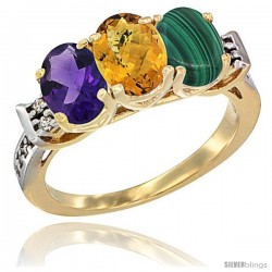 10K Yellow Gold Natural Amethyst, Whisky Quartz & Malachite Ring 3-Stone Oval 7x5 mm Diamond Accent