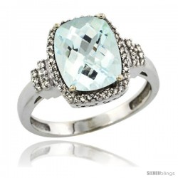 10k White Gold Diamond Halo Aquamarine Ring 2.4 ct Cushion Cut 9x7 mm, 1/2 in wide