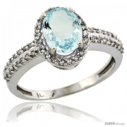 10k White Gold Diamond Halo Aquamarine Ring 1.2 ct Oval Stone 8x6 mm, 3/8 in wide