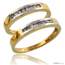 14k Gold 2-Piece His (3mm) & Hers (3mm) Diamond Wedding Band Set w/ Rhodium Accent, w/ 0.28 Carat Brilliant Cut Diamonds