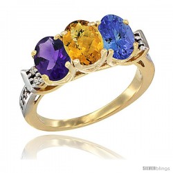 10K Yellow Gold Natural Amethyst, Whisky Quartz & Tanzanite Ring 3-Stone Oval 7x5 mm Diamond Accent