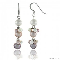 Sterling Silver Pearl Drop Earrings Natural Freshwater 7.5 mm Rhodium Finish, 48 mm Long