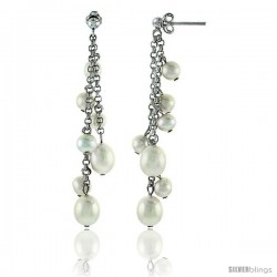 Sterling Silver Pearl Drop Earrings Natural Freshwater 9, & 6 mm Rhodium Finish, 56 mm Long