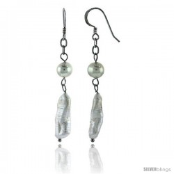 Sterling Silver Pearl Drop Earrings Natural Freshwater 8, & 25 mm Rhodium Finish, 45 mm Long