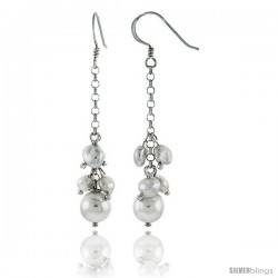 Sterling Silver Pearl Drop Earrings Natural Freshwater 5, & 7.5 mm Rhodium Finish, 35 mm Long