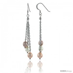 Sterling Silver Pearl Drop Earrings Natural Freshwater 6 mm 5, & 8.5 mm Rhodium Finish, 57 mm Long