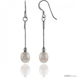 Sterling Silver Pearl Drop Earrings Natural Freshwater 8.5 mm Rhodium Finish, 34 mm Long