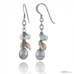 Sterling Silver Pearl Drop Earrings Natural Freshwater 8 mm Rhodium Finish, 30 mm Long