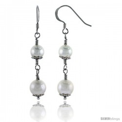 Sterling Silver Pearl Drop Earrings Natural Freshwater 7 mm Rhodium Finish, 32 mm Long