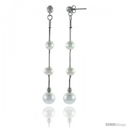 Sterling Silver Pearl Drop Earrings Natural Freshwater 6 mm Rhodium Finish, 66 mm Long