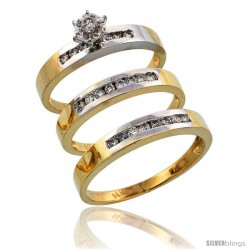 14k Gold 3-Piece Trio His (3mm) & Hers (3mm) Diamond Wedding Band Set w/ Rhodium Accent, w/ 0.45 Carat Brilliant Cut Diamonds