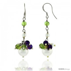 Sterling Silver Pearl Drop Earrings Natural Freshwater w/ Amethyst Beads Rhodium Finish, 45 mm Long