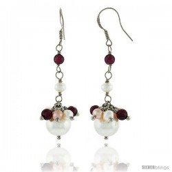 Sterling Silver Pearl Drop Earrings Natural Freshwater w/ Garnet Beads Rhodium Finish, 45 mm Long