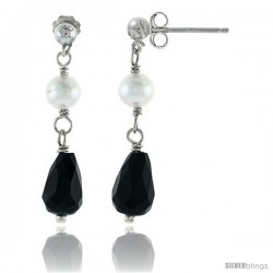 Sterling Silver Pearl Drop Earrings Natural Freshwater 5, & 7.5 mm Rhodium Finish, 30 mm Long