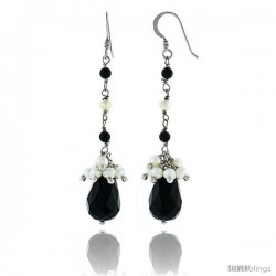 Sterling Silver Pearl Drop Earrings Natural Freshwater 4 mm w/ Onyx Beads Rhodium Finish, 68 mm Long