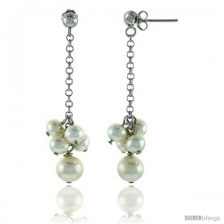 Sterling Silver Pearl Drop Earrings Natural Freshwater 5, & 4 mm Rhodium Finish, 45 mm Long