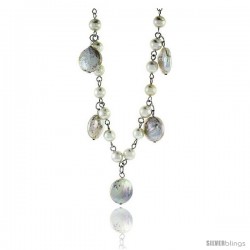 Sterling Silver Pearl Necklace Freshwater 14 mm Coin and 5 mm Round, 16 in long