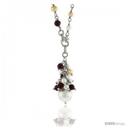 Sterling Silver Pearl Necklace Freshwater w/ Garnet Beads Rhodium Finish, 25 in long