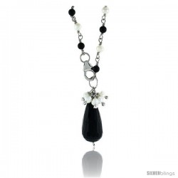 Sterling Silver Pearl Necklace Freshwater w/ Onyx Beads Rhodium Finish, 19 in long