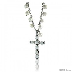 Sterling Silver Pearl Cross Necklace Freshwater 5, & 4 mm Rhodium Finish, 16.5 in long