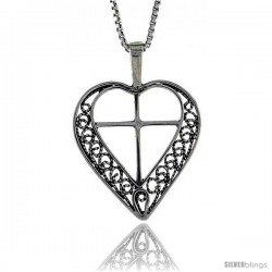 Sterling Silver Filigree Heart with Cross Pendant, 1 1/16 in. (27 mm) Long.