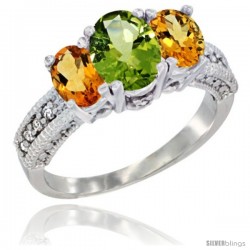 14k White Gold Ladies Oval Natural Peridot 3-Stone Ring with Citrine Sides Diamond Accent