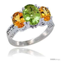 14K White Gold Ladies 3-Stone Oval Natural Peridot Ring with Citrine Sides Diamond Accent