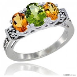 14K White Gold Natural Peridot & Citrine Ring 3-Stone Oval with Diamond Accent