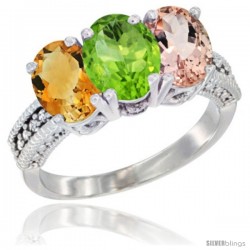 14K White Gold Natural Citrine, Peridot & Morganite Ring 3-Stone 7x5 mm Oval Diamond Accent