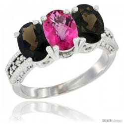 10K White Gold Natural Pink Topaz & Smoky Topaz Sides Ring 3-Stone Oval 7x5 mm Diamond Accent