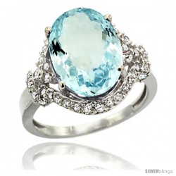 14k White Gold Natural Aquamarine Ring Oval 14x10 Diamond Halo, 3/4 in wide