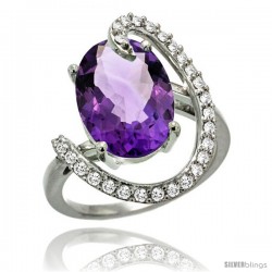 14k White Gold Natural Amethyst Ring Oval 14x10 Diamond Accent, 3/4inch wide