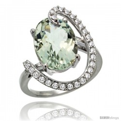 14k White Gold Natural Green Amethyst Ring Oval 14x10 Diamond Accent, 3/4inch wide