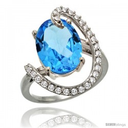 14k White Gold Natural Swiss Blue Topaz Ring Oval 14x10 Diamond Accent, 3/4inch wide