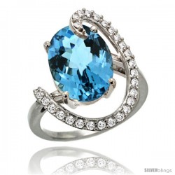 14k White Gold Natural London Blue Topaz Ring Oval 14x10 Diamond Accent, 3/4inch wide