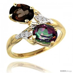 14k Gold ( 8x6 mm ) Double Stone Engagement Smoky & Mystic Topaz Ring w/ 0.04 Carat Brilliant Cut Diamonds & 2.34 Carats Oval