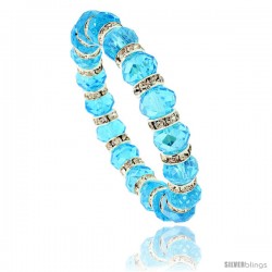 7 in. Aquamarine Color Faceted Glass Crystal Bracelet on Elastic Nylon Strand, 3/8 in. (10 mm) wide