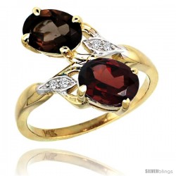 14k Gold ( 8x6 mm ) Double Stone Engagement Smoky Topaz & Garnet Ring w/ 0.04 Carat Brilliant Cut Diamonds & 2.34 Carats Oval