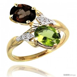 14k Gold ( 8x6 mm ) Double Stone Engagement Smoky Topaz & Peridot Ring w/ 0.04 Carat Brilliant Cut Diamonds & 2.34 Carats Oval