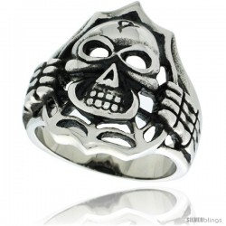 Surgical Steel Biker Skull Ring Unveiling over Spider web