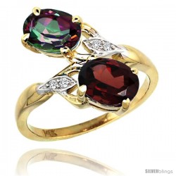 14k Gold ( 8x6 mm ) Double Stone Engagement Mystic Topaz & Garnet Ring w/ 0.04 Carat Brilliant Cut Diamonds & 2.34 Carats Oval