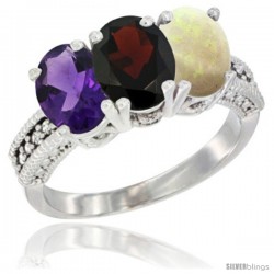 14K White Gold Natural Amethyst, Garnet & Opal Ring 3-Stone 7x5 mm Oval Diamond Accent