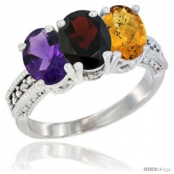 14K White Gold Natural Amethyst, Garnet & Whisky Quartz Ring 3-Stone 7x5 mm Oval Diamond Accent