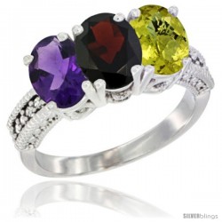 14K White Gold Natural Amethyst, Garnet & Lemon Quartz Ring 3-Stone 7x5 mm Oval Diamond Accent