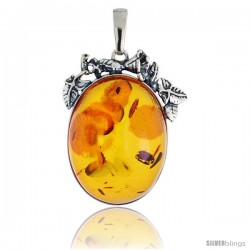 Sterling Silver Floral Russian Baltic Amber Pendant w/ 38x28mm Oval-shaped Cabochon Cut Stone, 1 3/4" (45 mm) tall