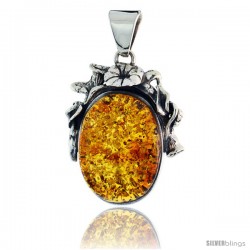 Sterling Silver Floral Russian Baltic Amber Pendant w/ 30x20mm Oval-shaped Cabochon Cut Stone, 1 11/16" (44 mm) tall