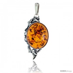 Sterling Silver Floral Russian Baltic Amber Pendant w/ 27x22mm Oval-shaped Cabochon Cut Stone, 2" (50 mm) tall
