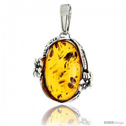 Sterling Silver Floral Russian Baltic Amber Pendant w/ 25x14mm Oval-shaped Cabochon Cut Stone, 1 3/16" (30 mm) tall